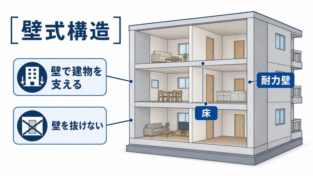 壁式構造の建物の断面図、各階の部屋と耐力壁の位置を示す。